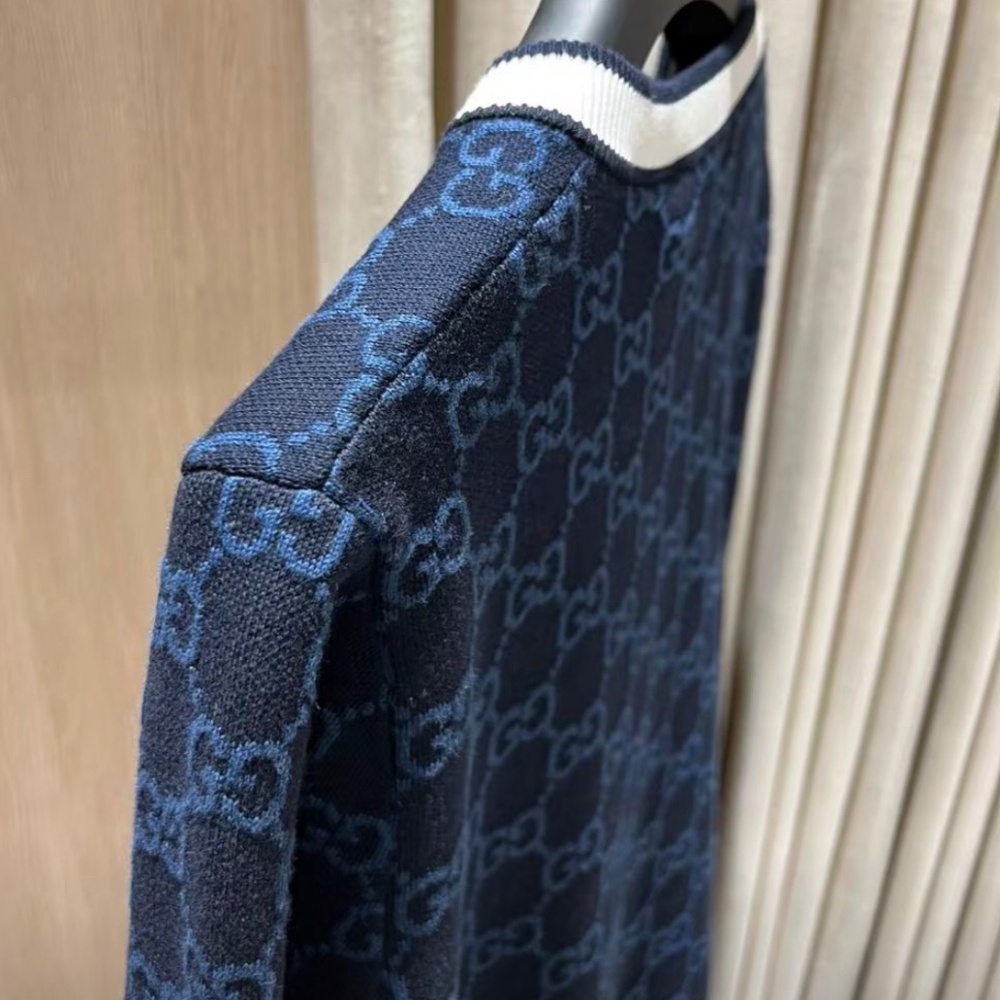 Gucci GG Logo Monogram Striped Jacquard Knit Cotton Cardigan in Navy size Small - Picture 5 of 8